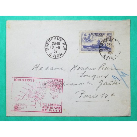 N°425 CLEMENCEAU SEUL SUR LETTRE AVION 1ère LIAISON AERIENNE NUIT PARIS MONT DE MARSAN 1939