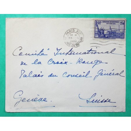 N°458 EXPOSITION INTERNATIONALE NEW YORK SEUL SUR LETTRE PARIS POUR CROIX ROUGE GENEVE SUISSE CENSURE NAZI 1940 WW2