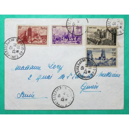 N°744 + 745 + 746+ 747 TIMBRES ENTRAIDE FRANCAISE MONUMENTS SERIE SUR LETTRE PARIS 1945