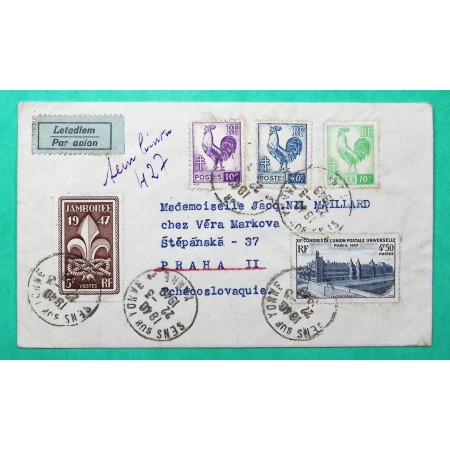 N°630 + 632 + 646 + 721 + 781 + 787 COQ ALGER GANDON JAMBOREE LETTRE AVION SENS YONNE POUR PRAGUE TCHECOSLOVAQUIE 1948