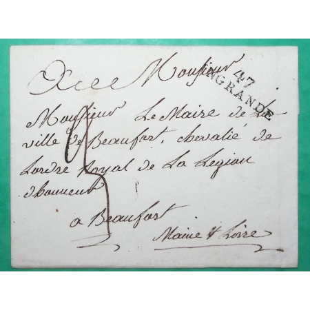 MARQUE 47 INGRANDE MAINE ET LOIRE POUR BEAUFORT EN ANJOU + CACHET DE MAIRIE VERSO 31x9 LETTRE COVER FRANCE