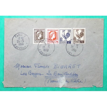 N°634 + 640 + 641 + 647 MARIANNE COQ ALGER LETTRE TARIF 20F PARIS +VIGNETTE GANDON VERSO 1950