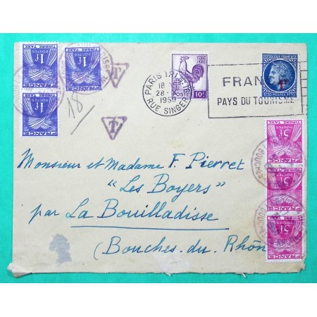 N°646 + 791 10F COQ ALGER MAZELIN SURCHARGE 1F LETTRE PARIS TAXE GERBES 18F 1950