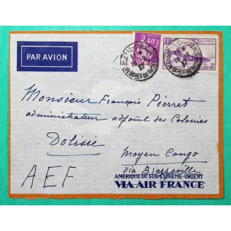PA N°7 BLERIOT + N°281 PAIX LETTRE AVION MARSEILLE BOUCHES DU RHONE POUR DOLISIE AEF 1937