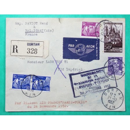 N°811 + 883 + 886 x2 + 917 MARIANNE GANDON RECOMMANDE AVION DORTAN AIN INAUGURATION LIGNE PARIS TOKYO JAPON 1952