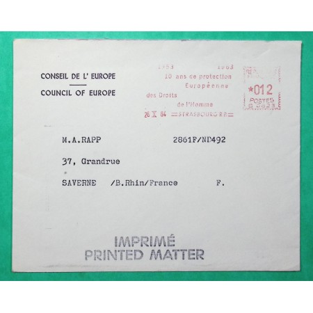 EMA CONSEIL DE L'EUROPE STRASBOURG 12F LETTRE TARIF IMPRIME 1964