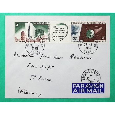 25F + 30F INTERPANNEAU PREMIER SATELLITE FRANCAIS TAAF ARCHIPEL KERGUELEN LETTRE AVION POUR ST PIERRE REUNION 1965