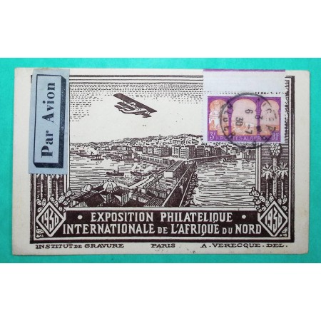 CARTE POSTALE AVION EXPOSITION PHILATELIQUE AFRIQUE DU NORD ALGER ALGERIE GRIFFE INCONNU APPEL FACTEUR CLERMONT FERRAND 1930