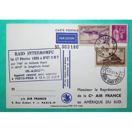 PA N°7 +  N°260 + 289  BLERIOT MONT ST MICHEL PAIX CARTE POSTALE AVION RAID INTERROMPU AIR FRANCE AMERIQUE DU SUD 1935