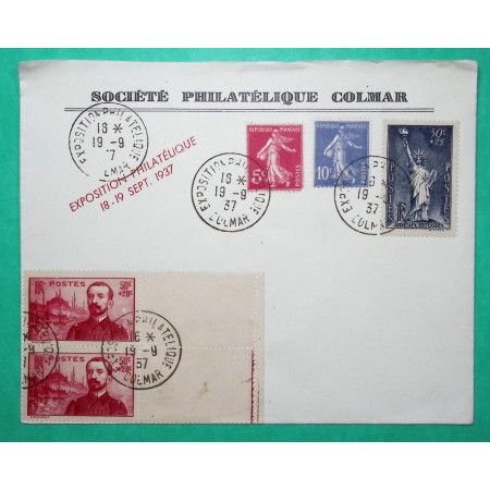 N°278B + 279 + 352 + 353 x2 SEMEUSE STATUE LIBERTE PIERRE LOTI LETTRE EXPOSITION PHILATELIQUE COLMAR 1937