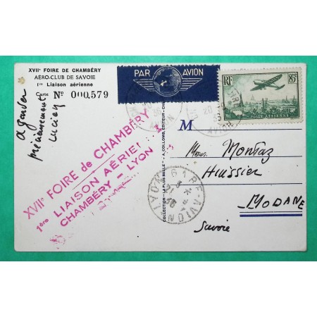 PA N°8 85C CARTE POSTALE PAR AVION 1ère LIAISON AERIENNE CHAMBERY LYON AERO CLUB DE SAVOIE 1936