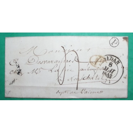 CAD TYPE 13 SEDAN ARDENNES DECIME + BOITE RURALE P DOUZY POUR NEUFCHATEL AISNE 1843 LETTRE COVER FRANCE