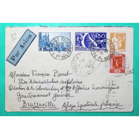 N°286 + 325 + 327 + 328 PAIX EXPOSITION INTERNATIONALE PARIS LETTRE AVION PARIS POUR BRAZZAVILLE AEF 1936
