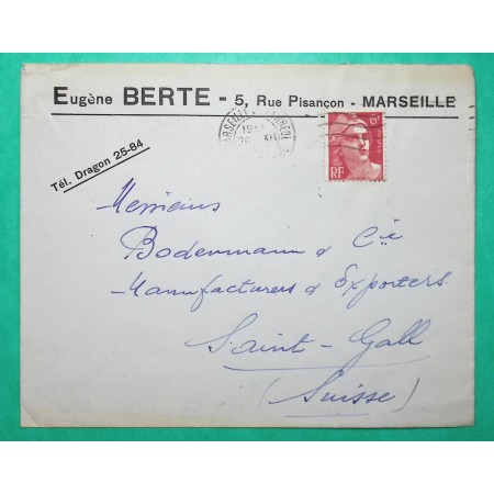 N°721 MARIANNE GANDON VARIETE MECHES RELIEES LETTRE MARSEILLE POUR ST GALL SUISSE 1947