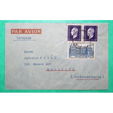 N°701 x2 + 760 MARIANNE DULAC PALAIS LUXEMBOURG LETTRE AVION SENS YONNE POUR MALENICE TCHECOSLOVAQUIE