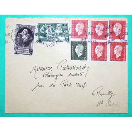 N°459 + 465 + 690 + 693 x5 CROIX ROUGE VICTIMES DE LA GUERRE DULAC LETTRE AFFRANCHISSEMENT PHILATELIQUE ANNECY HAUTE SAVOIE 1949