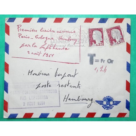 N°1263 x2 MARIANNE DECARIS + TAXE GERBES LETTRE AVION 1ère LIAISON AERIENNE PARIS BOLOGNE HAMBOURG LUFTHANSA 1961