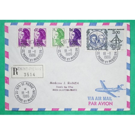 N°2184  x2 + 2276 + 2423 + 2428 LIBERTE GANDON SURCHARGE ST PIERRE ET MIQUELON RECOMMANDE AVION 1986