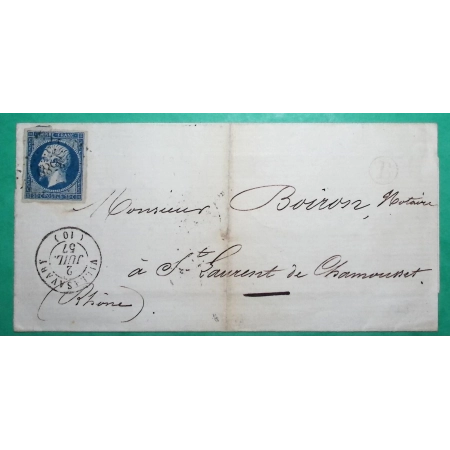 N°14 PC 3589 VILLASAVARY AUDE BOITE RURALE B NON IDENTIFIEE POUR ST LAURENT DE CHAMOUSSET RHONE 1857 LETTRE COVER FRANCE