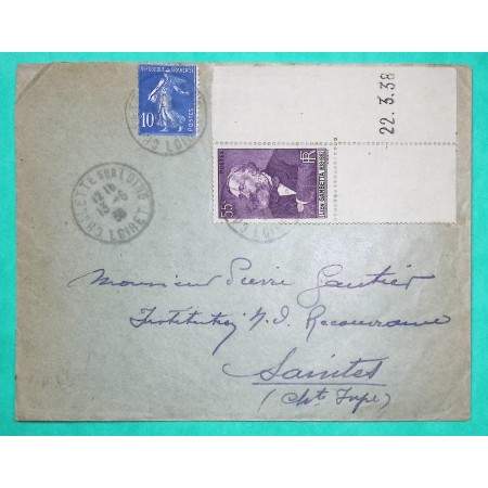 N°279 + 378 SEMEUSE GAMBETTA COIN DATE 22/03/1938 LETTRE TARIF 65C CHALETTE SUR LOING LOIRET