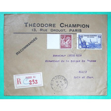 N°431 + 458 IRIS EXPOSITION NEW YORK RECOMMANDE PARIS 2ème ECHELON 3F30 1941