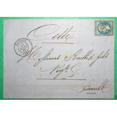 N°22 GC 4519 TREBES AUDE BUREAU SUPPLEMENTAIRE POUR CETTE SETE HERAULT 1867 LETTRE COVER FRANCE