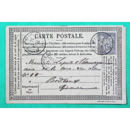 N°77 SAGE CARTE PRECURSEUR ST SAVIN DE BLAYE GIRONDE BOITE RURALE D DONNEZAC POUR BORDEAUX 1877