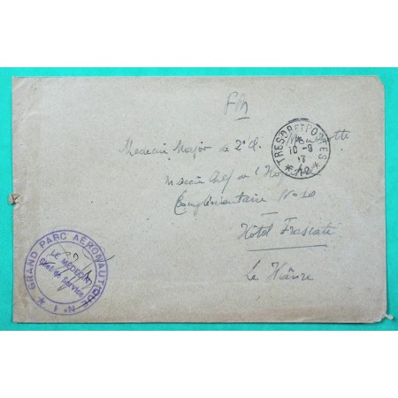 FRANCHISE MILITAIRE FM GRAND PARC AERONAUTIQUE N°1 TRESOR ET POSTES 12 POUR LE HAVRE SEINE INFERIEURE 1917 WW1