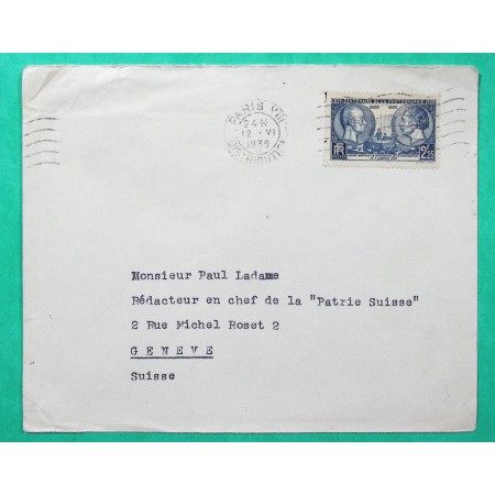 N°427 NIEPCE DAGUERRE SEUL SUR LETTRE PARIS POUR GENEVE SUISSE 1939