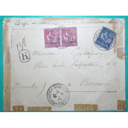 RECOMMANDE MOUCHON MAROC TRESOR ET POSTES CASABLANCA POUR BESANCON DOUBS 1908 LETTRE COVER FRANCE