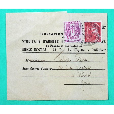 N°547 + 672 MERCURE CHAINES BRISEES 70C TARIF IMPRIME DOUBLE PORT PARIS 09/02/1945