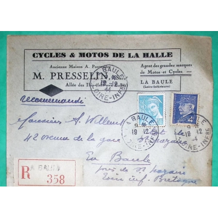 N°521A + 549 MIXTE PETAIN MERCURE RECOMMANDE POCHE DE ST NAZAIRE DEPART LA BAULE BELLE ENVELOPPE ENTETE CYCLES 1944