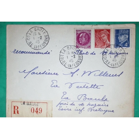N°505 + 521A + 547 MIXTE PETAIN PROST HOURRIEZ MERCURE RECOMMANDE POCHE DE ST NAZAIRE DEPART LA BAULE 1945 WW2 FRANCE