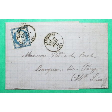 N°60C OBLITERATION CAD TYPE 16 LANGOGNE LOZERE POUR LE PUY EN VELAY HAUTE LOIRE 30 AVRIL 1876