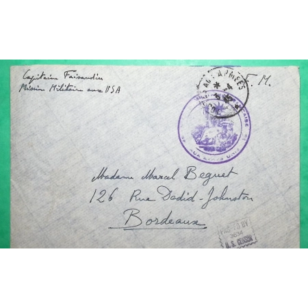 FRANCHISE MILITAIRE FM MISSION MILITAIRE AUX USA AMERICA CENSURE AMERICAINE US CENSOR POUR BORDEAUX 1945 COVER FRANCE