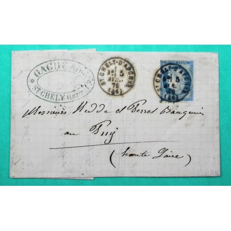 N°60C OBLITERATION CAD TYPE 16 ST CHELY D'APCHER LOZERE POUR LE PUY EN VELAY HAUTE LOIRE 5 AVRIL 1876