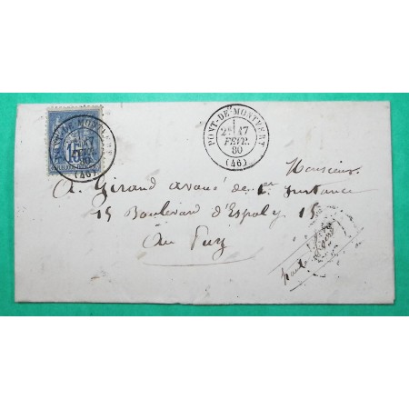 N°90 SAGE CAD TYPE 17 PONT DE MONTVERT LOZERE POUR LE PUY EN VELAY HAUTE LOIRE 1880