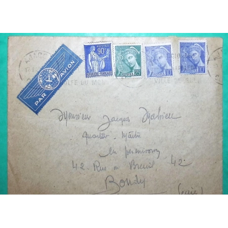 N°368 + 407 x2 + 411 MIXTE PAIX MERCURE LETTRE PAR AVION AJACCIO CORSE SURTAXE AERIENNE INTERIEURE POUR BONDY SEINE